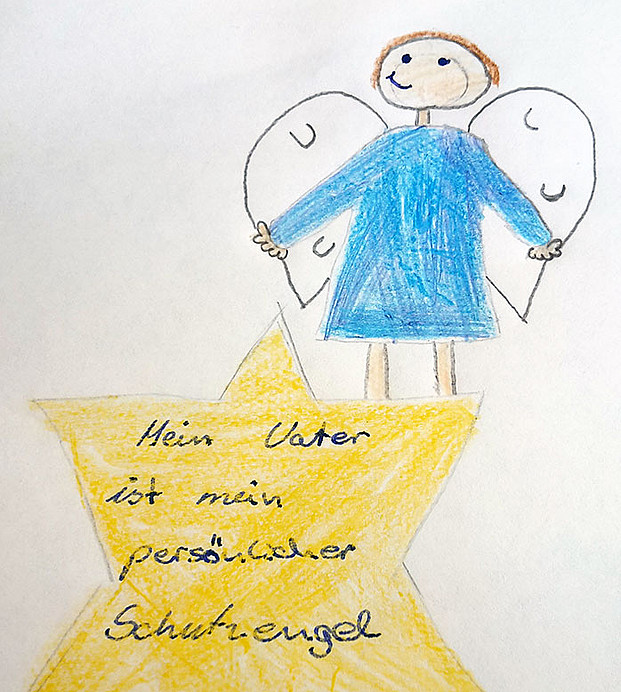 Gemaltes Kinderbild mit einem Stern und einem Engel und dem Text "Mein Vater ist mein persönlicher Schutzengel"